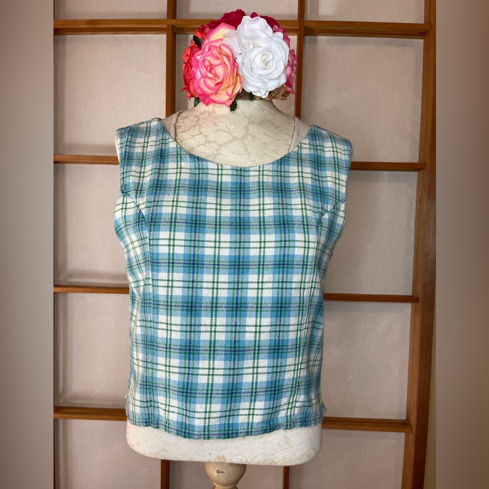 Vintage 60’s 100% Cotton Blue Plaid Button Sleeveless Top